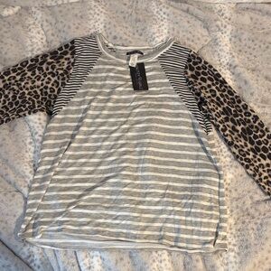 Gray Striped Long Sleeve Top with Leopard Print Sleeves